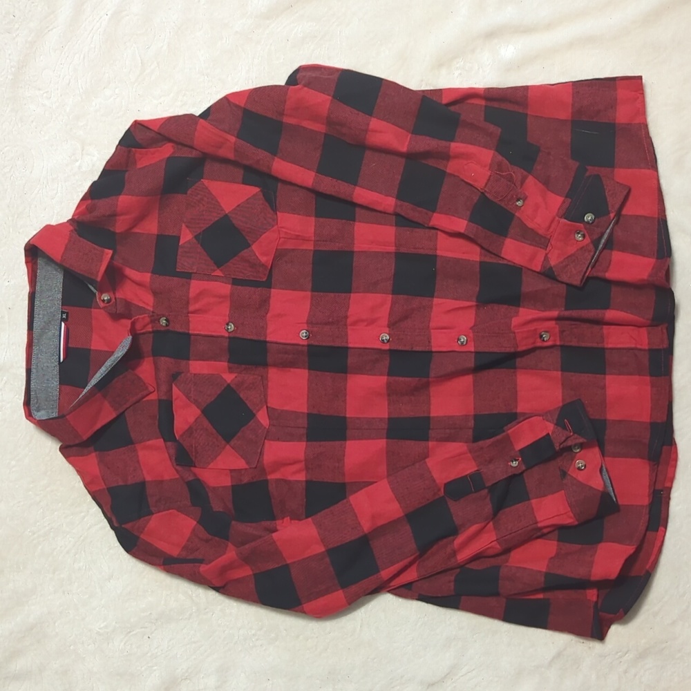 Tommy Hilfiger Red and Black Plaid Casual Button Down Shirt